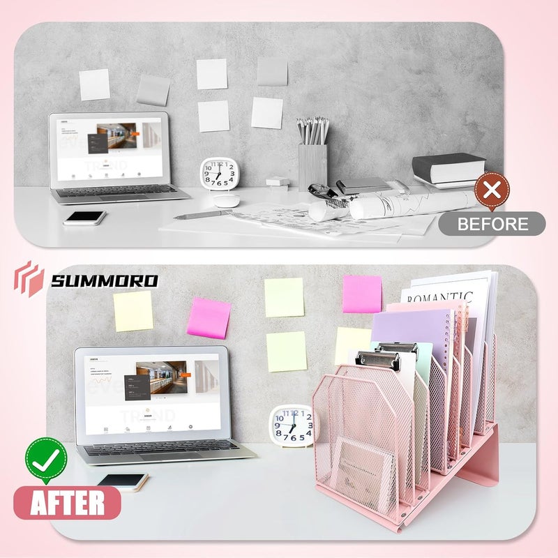 SUMMORE Inclined File Organizer for Desk, 7-Tier Vertical File Folder Holder Office Desk Organizer Metal Rack File Wire Mesh Desktop Document Sorter for Office School Classroom Home (Pink) - Image 4